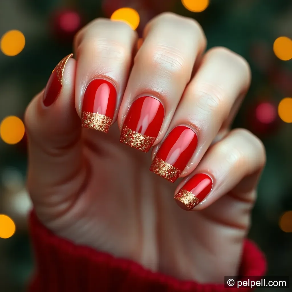 Design 3: Red and Gold Glitter French Tips