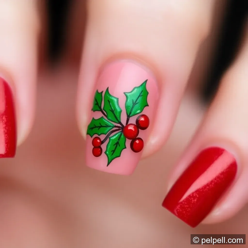 Design 12: Holly Leaves and Berries Accent Nail