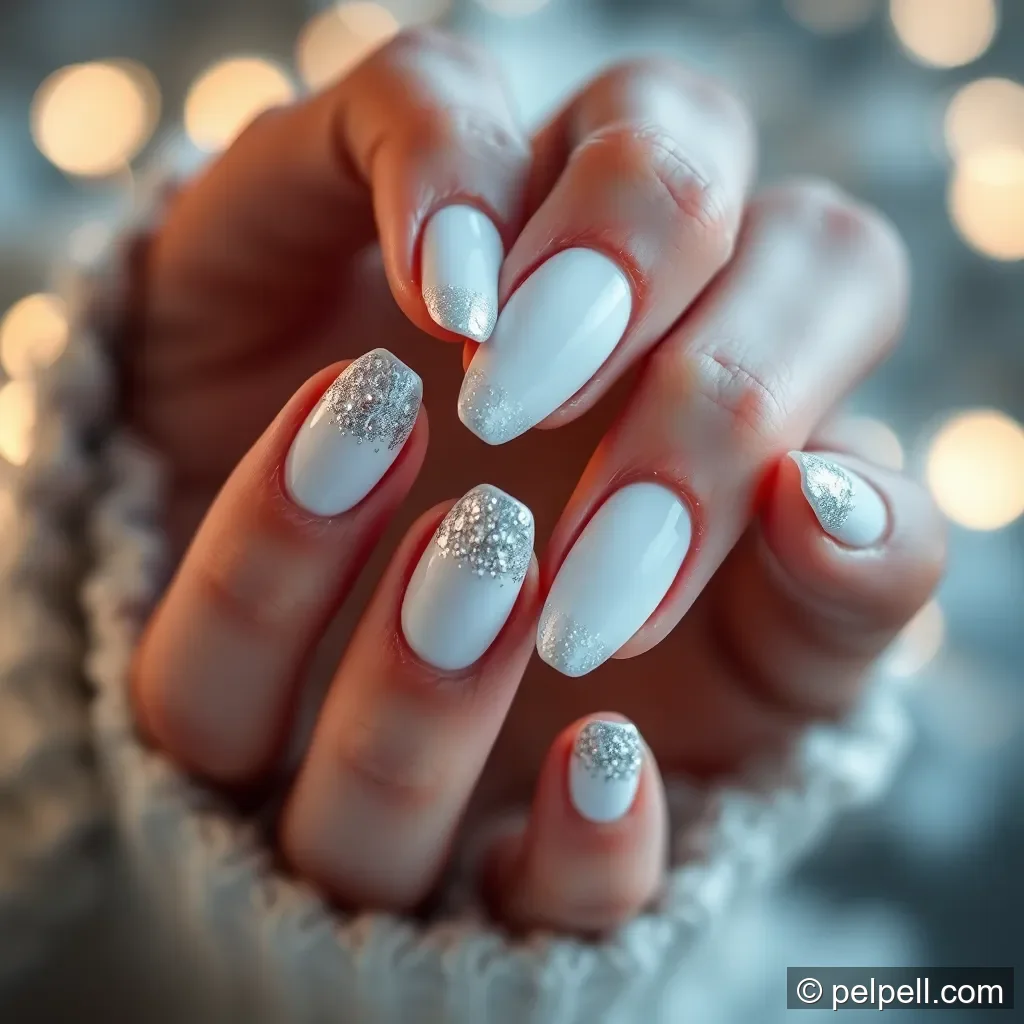 2) Snowy White French with Silver Glitter Tips